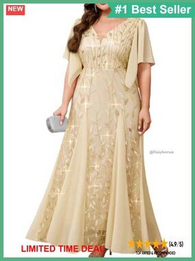 Plus Size Sequin Embroidery V-Neck A-Line Maxi Evening Gown